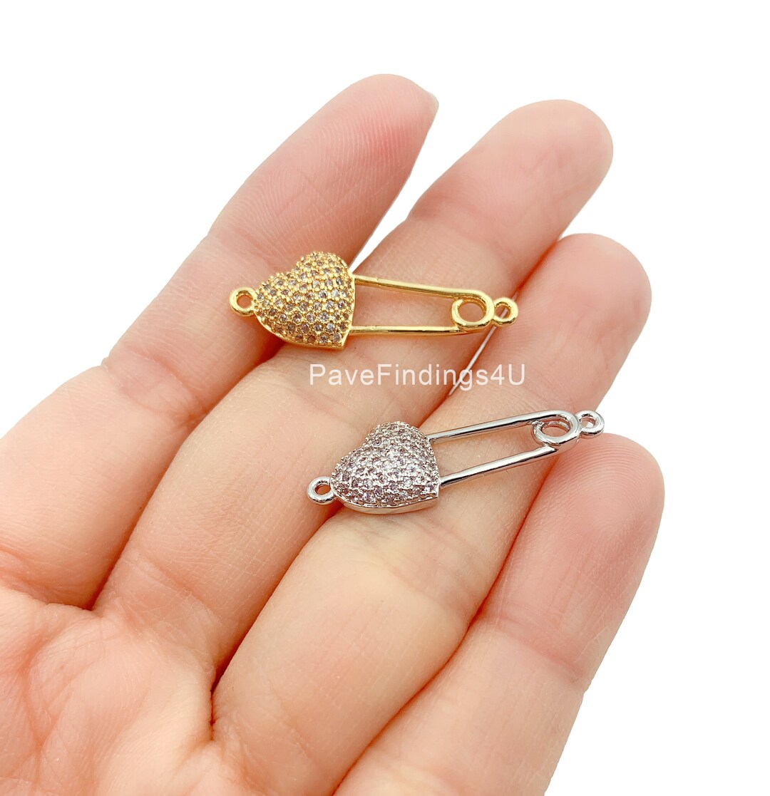 Heart Safety Pin Connector Charm, 22K Gold CZ Micro Pave