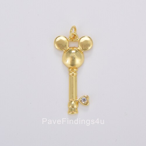 18K Gold Mickey Mouse Head Key Charm CZ 