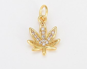 18K Gold Marijuana Leaf Six Leaves Plant Necklace Pendant Micro Pave Leaf Charm Bracelet Earring Charm Bails for Jewelry Making, CP686