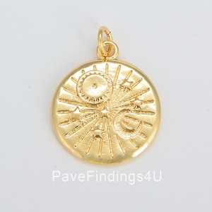 Dainty Gold Celestial Charm, Round Sun Moon Stars Charm Pendant Celestial Medallion Charm for Necklace Bracelet Component, 23x18mm, CP1593