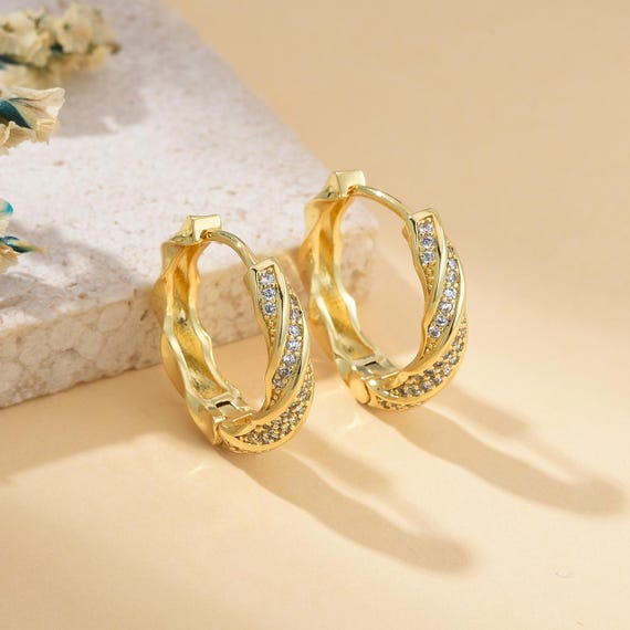 Gold Plated Twisted Hoop Earrings With CZ Accents, Elegant