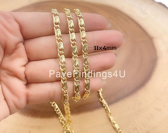 May include: Three gold chains with a 1x4mm link size. The chains are shown on a hand against a wooden background. PaveFindings4U is written on the image.