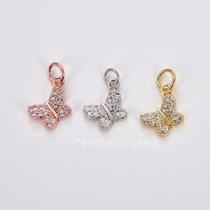 Ciondolo a forma di farfalla piccola in oro 24K, ciondolo/ciondolo a forma di farfalla con micro pavé di zirconi cubici, ciondolo per collana e bracciale, 15 x 9 mm, CP396-S
