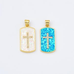 Opal Cross Tag Charm, Gold Filled Cross Pendant for Christian Catholic Baptism, Religious Jewelry Making Supply, 13x26mm, CP2013