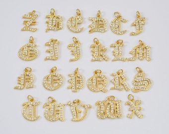Gold Filled Old English Letter Charms, A–Z Alphabet Initial Pendant for DIY Necklace Bracelet Jewelry Making, Personalized Gift, CP1714