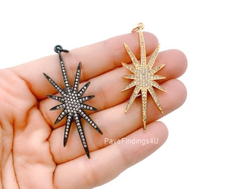 North Star Charm Celestial Jewelry Pendant in Gold SunBurst Necklace, North Starburst Pendant Jewelry Making 53x21mm, CP278