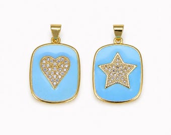 Light Blue Enamel Star Heart Charm, Gold Filled Pendant Necklace, CZ Crystal Jewelry, Celestial Gift for Her, Unique Statement, CP1195