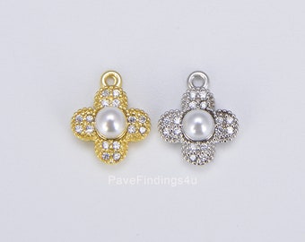 18K Gold Four Leaf Clover Shell Charm CZ with Pearl, Clover Charm Pendant, Good Luck Charm, Clover Necklace, 11x10mm, CP838