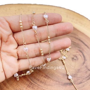 Beaded Heart Pearl Chain by Yard, Gold Filled Curb Chain by Foot, Acrylic Pearl, Wholesale Bulk Roll Chain for Jewelry Making, CH288