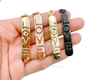 18K Gold Love Tag Charm Pendant, CZ Micro Pave Tag Pendant, Love Word Charm Rectangle for Necklace Earring Component, 58x9mm, CP685