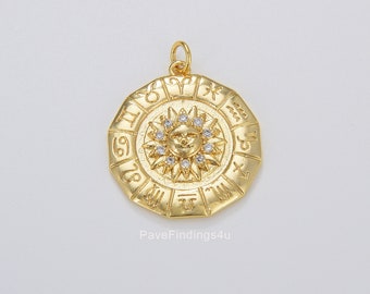 24k Gold Micro Pave CZ Sun Burst Pendant Charm, Cubic Sun Pendant Charm, Zodiac Charm for DIY Necklace Bracelet Earring, 26x23mm, CP1672