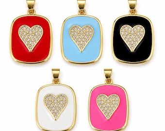 Gold Filled Enamel Heart Charm, Pave CZ Rhinestone Pendant, Heart Jewelry Connector, Bracelet Necklace Charm, Jewelry Making Finding, Lot045