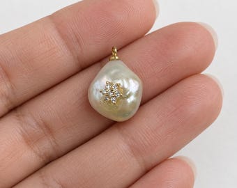 Gold Filled Pearl Charm, Freshwater Pearl Drop with CZ Flower, Elegant Pearl Pendant for DIY Necklace Bracelet Jewelry Making, CP2534