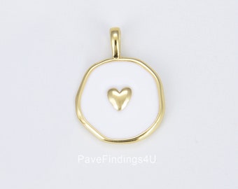 Dije de corazón de esmalte, medallón de corazón de esmalte blanco, relleno de oro sobre latón, para collar, pulsera, pendientes, 14 mm CP1402
