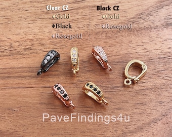 May include: Six different styles of jewelry clasps with clear or black cubic zirconia stones. The clasps are available in gold, rose gold, and black finishes.  The text "PaveFindings4u" is visible in the bottom center of the image.