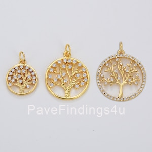Ciondolo con ciondolo piccolo/medio albero della vita, ciondolo con ciondolo con ciondolo con micro pavé di zirconi cubici in oro 18 carati, ciondolo con ciondolo albero della vita, 17 mm, 13 mm, CP045B