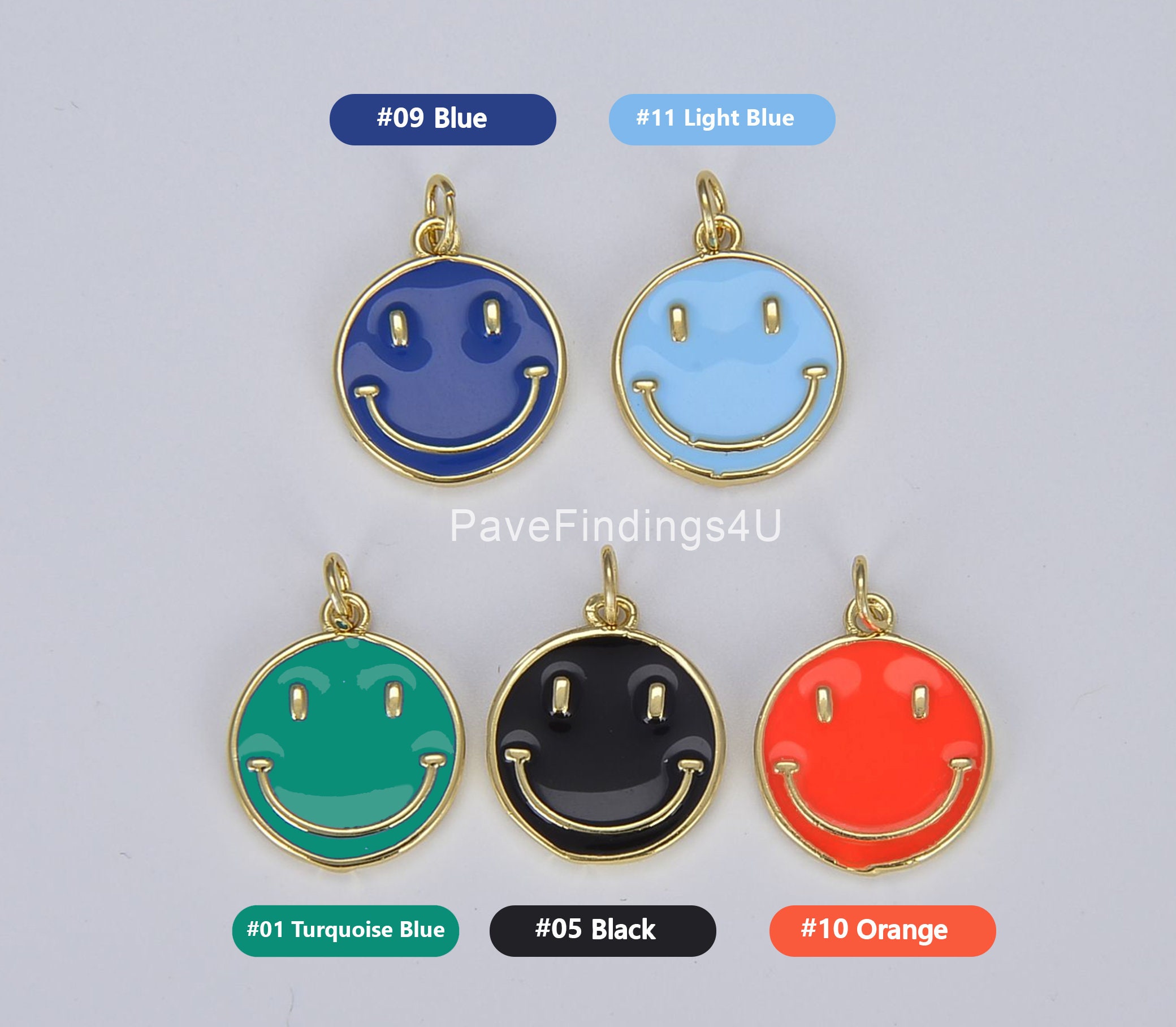 1pc Epoxy Happy Face in 18K Gold Round Charm, Enamel Happy