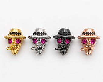 Metallic Skull Fedora Bead, Gold Filled Hat Bead, Rhinestone Skull Bead, Western Gothic Jewelry Making Supply, Punk Charm Bead, BD195