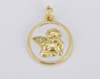 Enamel Angel Charm Pendant, Pink White Light Blue Little Angel Charm, Coin Disc Charm for bracelet necklace earrings, Holiday Gift  CP1546