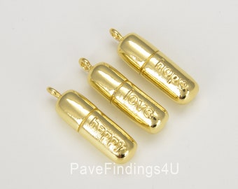 Dainty Gold Pill Bar Pendant Love Happy Hope Words Charm 18K Gold Pendant for Bracelet Necklace Earring Component Supply, CP1339