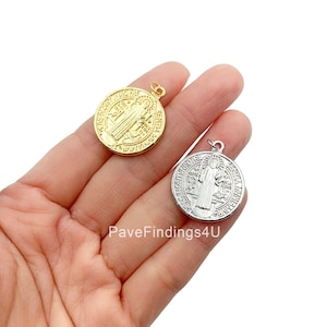 Saint Benedict Medallion Pendant, San Benito Charm, Religious Pendants, Carved -Whitegold/Gold Rosary Benediction Charms,DIY, 29x25mm| CP508