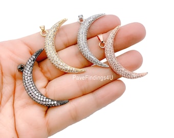 Ciondolo a forma di mezzaluna in oro 18 carati, ciondolo con micro pavé di zirconi cubici, ciondolo a forma di luna, ciondolo a forma di luna, collana a forma di luna, gioielli a forma di luna, 40 x 19 mm, CP128