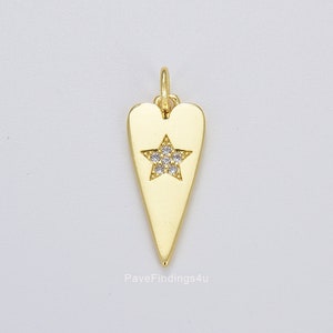 Ciondolo a forma di cuore con stella in oro 18 carati, ciondolo a forma di freccia con micro pavé di zirconi cubici, ciondolo a forma di stella, ciondolo a forma di stella, zirconia cubica, 20 x 9 mm, CP1083