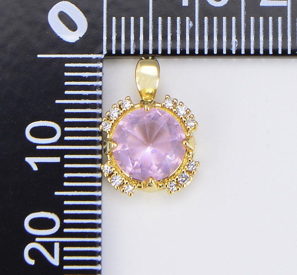 Amethyst Pink Cubic Zirconia Charm 18K Gold Round Charm Solitaire CZ Charm Necklace Bracelet Earrings Jewelry Making Supply CP1531
