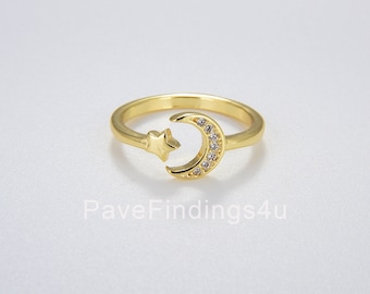 Gold Open Moon & Star Ring, Adjustable Ring, Cubic Moon Ring, Minimalist Crescent Moon Ring, Gold Filled Open Ring, Celestial Jewelry, RG103