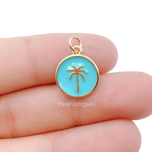 Ciondolo a forma di palma in oro 18 carati, palma in smalto blu turchese, collana minimale, ciondolo a forma di palma, ciondolo a forma di palma, 13 mm, CP1191-E915