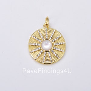 Gold Filled Sun Charm Necklace, Celestial Necklace Pendant Gold Pearl Sun Beam Mother of Pearl Charm Necklace Sunburst Charm, 26x21mm CP1903