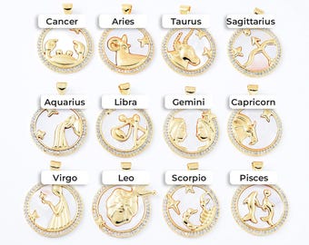 Zodiac Charm Horoscope, Gold Filled Mother of Pearl Shell Zodiac Sign Pendant Necklace Bracelet DIY Jewelry Making, Personalized Gift,CP2084