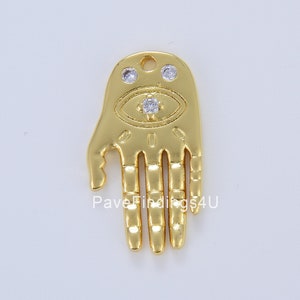 Delicato ciondolo a forma di mano di Hamsa in oro, ciondolo a forma di malocchio in oro, amuleto di protezione regalo religioso, ciondolo con collana in zirconia cubica, 24x14 mm, CP1632