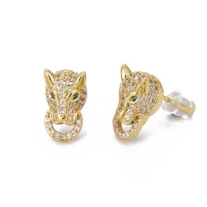 Panther CZ Micro Pave 18k Gold Push Back Earrings, Leopard Earrings, Cat Earrings, Jaguar Earrings, Panther Earrings,14x8mm, ER088