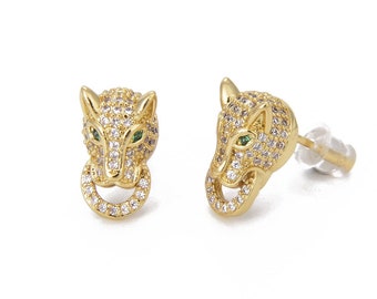 Panther CZ Micro Pave 18k Gold Push Back Earrings, Leopard Earrings, Cat Earrings, Jaguar Earrings, Panther Earrings,14x8mm, ER088