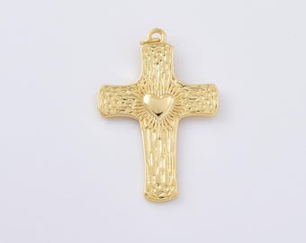 Gold Filled Sacred Heart Cross Charm, Textured Religious Pendant for DIY Necklace Bracelet Jewelry Making, Christian Faith Gift, CP2364