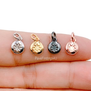 Dainty Starburst Disc Pendant, 18K Gold CZ North Star Charm, Textured Disc, Celestial Pendant, Micro Pave Charm, 12X7mm, CP347
