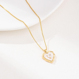 Elegant Heart Charm Necklace, Gold Filled Mother Of Pearl Heart Finished Necklace, Shell Pearl CZ Heart Necklace, NL006