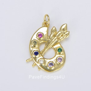 Ciondolo con pennello e tavolozza per pittura in oro 18 carati, ciondolo con tavolozza per artisti in zirconia cubica colorata per forniture per la creazione di gioielli, 25 x 18 mm, CP1462