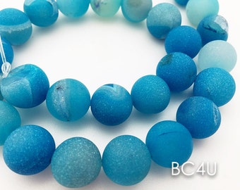 8mm,10mm, 12mm,14mm, 16mm, Frosted Matte Blue Druzy Agate Geode Beads ,Round Gemstone Beads, Matte Finish,Matte Blue, 15.5" FULL Strand