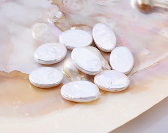 White Oval Freshwater Pearls, 7A Quality White Coin Pearl, Flat Ova Pearl  Beads,Full Strand 7x14mm FWP013