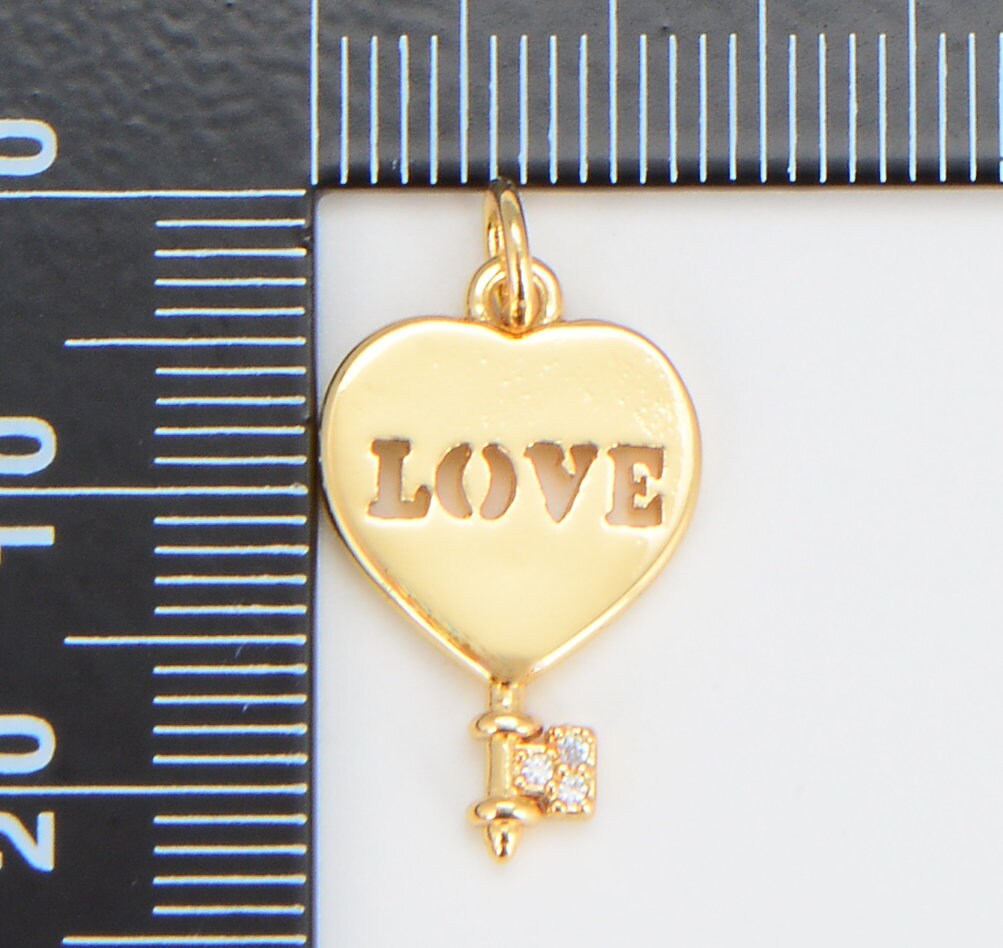 Mini Love Heart Key Charm, Micro Pave Gold Heart Charms, Love Lock