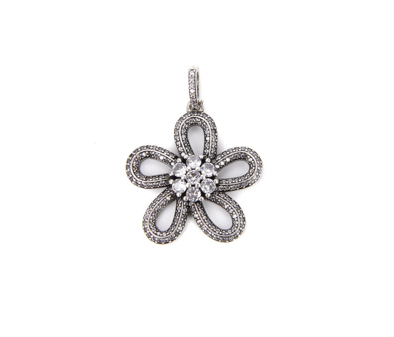Flower Necklace 37x28mm Antique Silver Flower Charm Pendant CZ Micro Pave Cubic Zirconia Flower Pendant CP787-E1024 Flower Charm