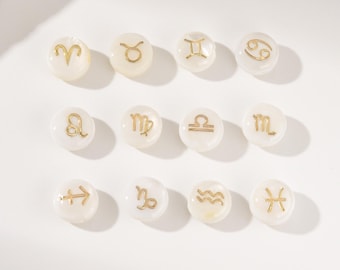 Shell Bead Round Zodiac Signs, White Black Shell Disc Bead, Gold Tone Astrology Bead for Bracelet Necklace Jewelry Making, BD178