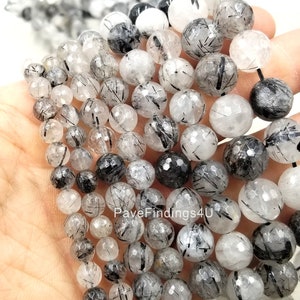 Natural Black Rutilated Quartz Beads ,Smooth Round , Grade AAA Genuine Natural Gemstone ,Full Strand  15&quot;, 6mm, 8mm,10mm, 12mm, GRN036-E505