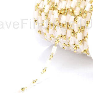 White Tube Quartz Crystal Faceted Rectangle Rosary Chain, 14K Gold , Gold Wire Wrapped Cylinder Bead Link Chain Necklace 3x5mm, CH023
