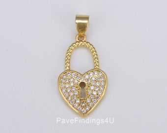 Ciondolo a forma di lucchetto a cuore in oro 18 carati, ciondolo con micro pavé, per collana, 25 x 13 mm, CP1572
