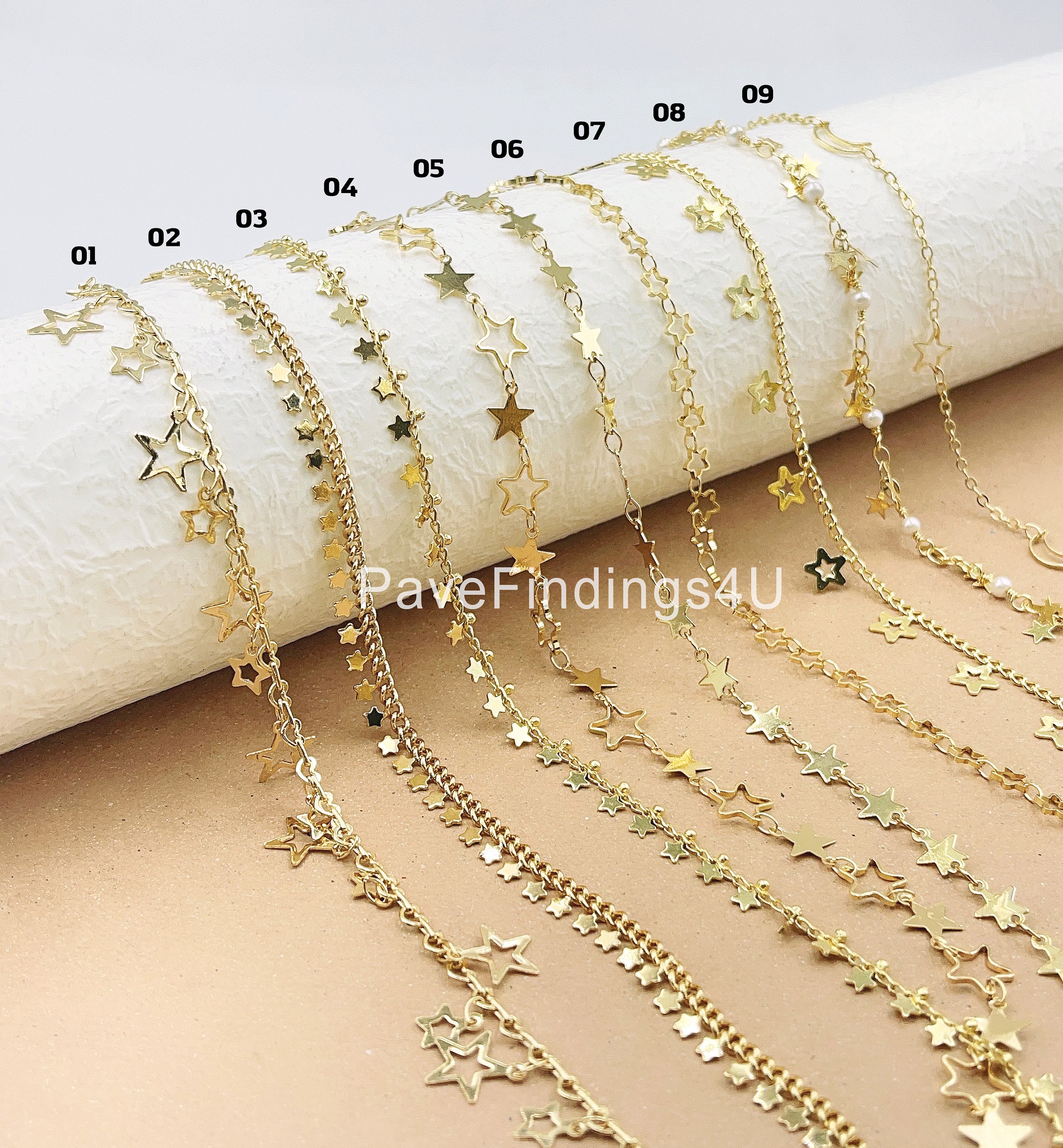 Star Chain By Foot, Gold Filled Star Crescent Moon Pearl Chain, Dainty Unfinished Chain, Wholesale Bulk Roll Chain, CH_Batch13