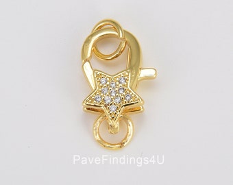 18K Gold Star Clasp for Bracelet Necklace Buckle Micro Paved, CZ Cubic Lobster Clasp Fastener for Beading Supplies Component, 19x11mm, CL500