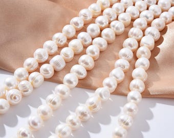 AAA Natural Freshwater Pearl Beads, 9-10mm, round Shape Beads, Beautiful Natural White Fresh Water Pearl Bead 15.5” Full Strand FWP002